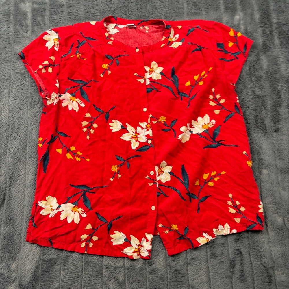 Old Navy Womens Red Floral Rayon Short Sleeve Button Front Blouse Small